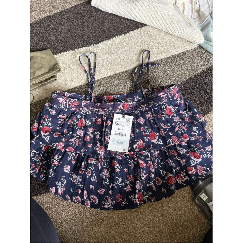 Zara Navy Floral Spaghetti-Strap Cami